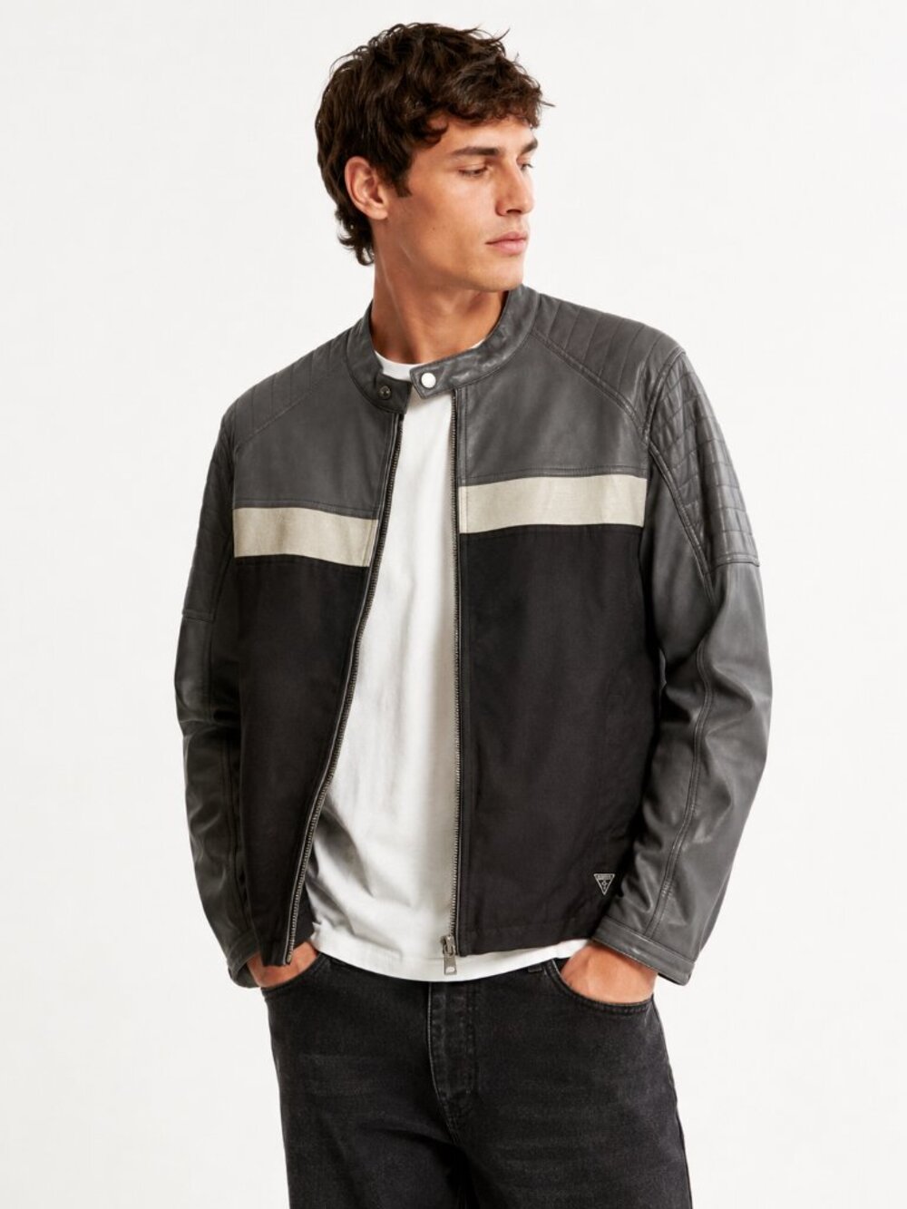 Guess Men's Large Gray Faux Leather Moto Jacket Cafe Racer Colorblock Stripe